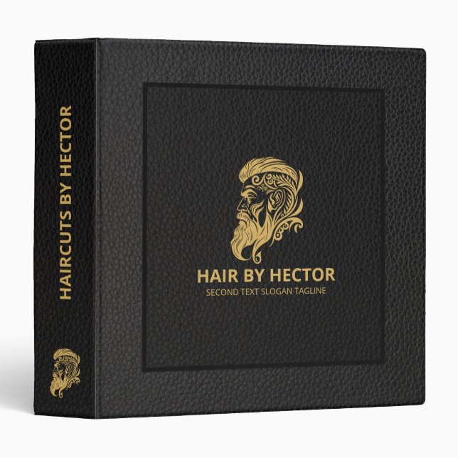 Black and Gray Leather Texture Gold Haircut Logo 3 Ring Binder (Front/Spine)