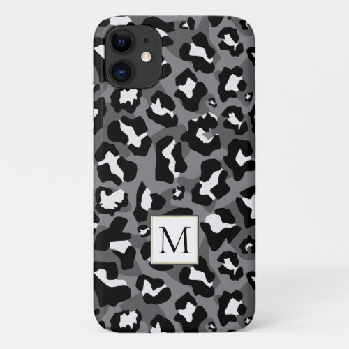 Black and gray leopard animal print and monogram iPhone 11 case