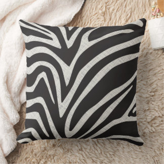 Black and Gray Linen Texture Print Zebra Stripe Throw Pillow