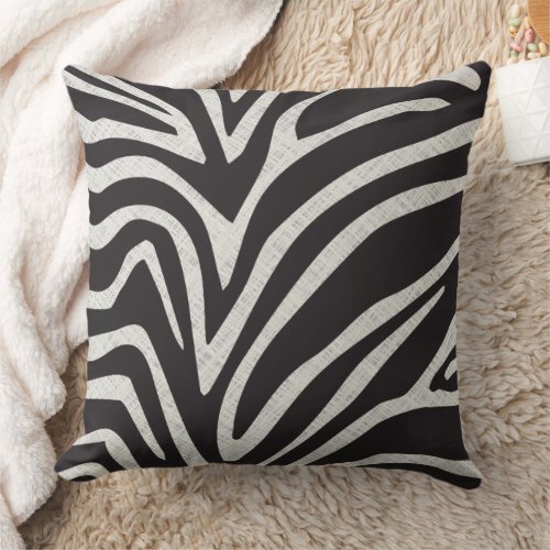 Black and Gray Linen Texture Print Zebra Stripe Throw Pillow