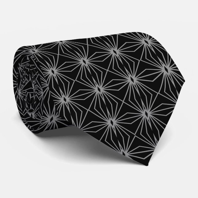 Black And Gray Mid Century Line Drawing Pattern Neck Tie (Rolled)