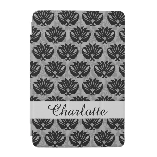 Black and Gray Modern Damask Name Personalized iPad Mini Cover (Front)