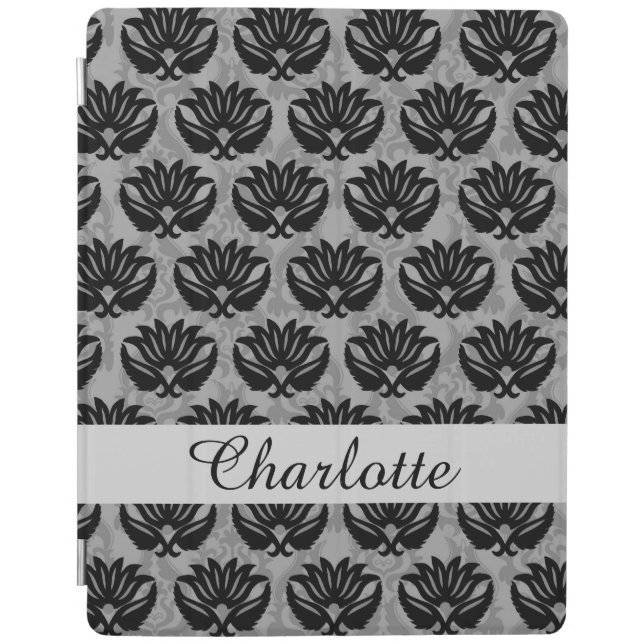 Black and Gray Modern Damask Name Personalized iPad Smart Cover (Front)