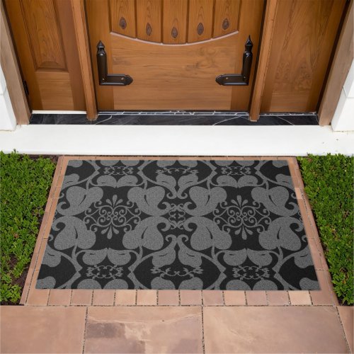 Black And Gray Modern Elegant Ornate Leaf Pattern Doormat