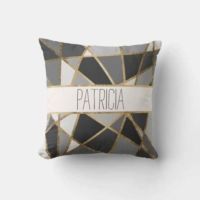 Black and Gray Modern Geo Gold Triangles Monogram Throw Pillow (Front)
