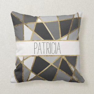 Black and Gray Modern Geo Gold Triangles Monogram Throw Pillow