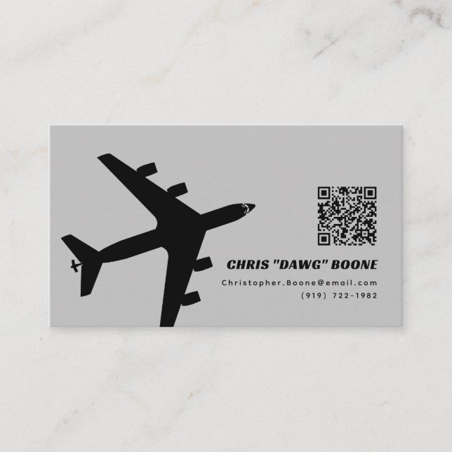 Black and Gray Modern KC-135 Aircraft Business Card (Front)