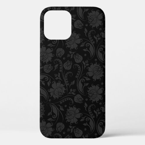 Black And Gray Monochromatic Floral Damasks iPhone 12 Case