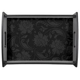 Black And Gray Monochromatic Vintage Floral Damask Serving Tray