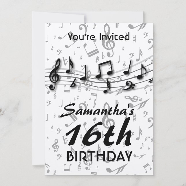 Black and Gray  Music Notes  Birthday Party Invitation (Front)