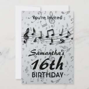 Black and Gray Music Notes Birthday Party Invitation