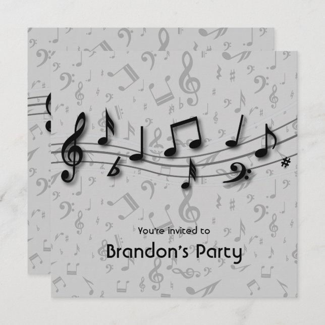 Black and Gray Music Notes Party Invitation (Front/Back)