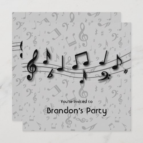 Black and Gray Music Notes Party Invitation