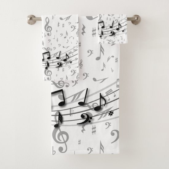 Black and gray musical notes bath towel set