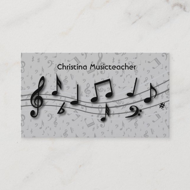 Black and gray Musical Notes Business Cards (Front)