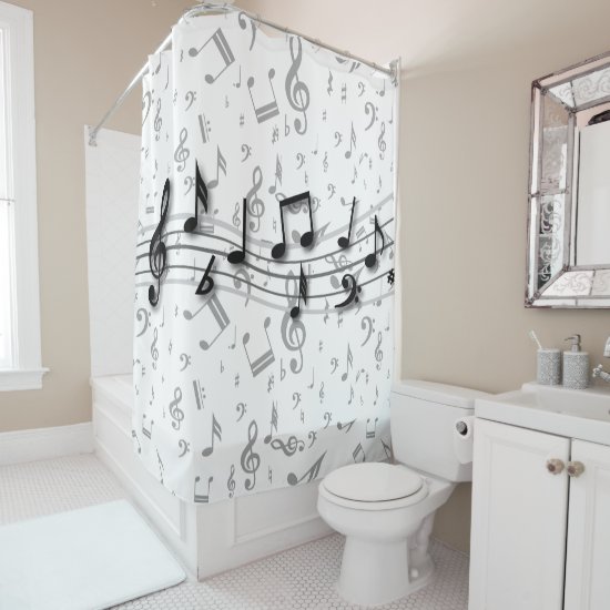 black and gray musical notes shower curtain