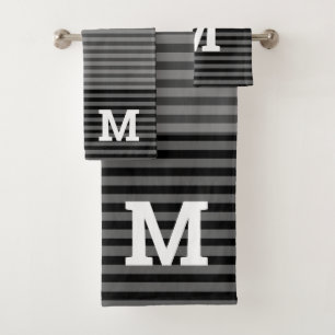 Black and Gray Ombre Striped Monogrammed Bath Towel Set