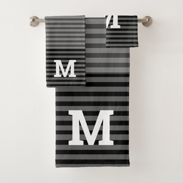 Black and Gray Ombre Striped Monogrammed Bath Towel Set (Insitu)