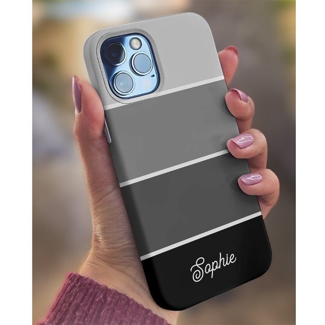 Black and Gray | Ombre Stripes with Script Case-Mate iPhone Case (A trendy striped neutral black and gray phone case with your name in script)