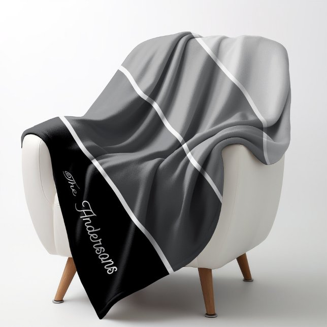Black and Gray | Ombre Stripes with Script Fleece Blanket (A modern, stylish blanket with neutral black and gray stripes and a spot for your name)