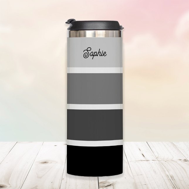 Black and Gray | Ombre Stripes with Script Fleece  Thermal Tumbler (A stylish tumbler with neutral black and gray ombre stripes)