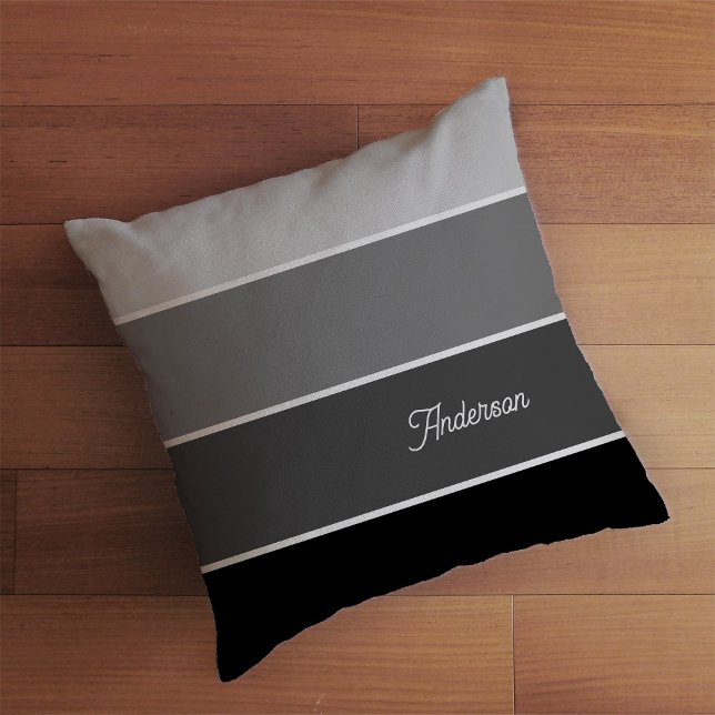 Black and Gray | Ombre Stripes with Script Throw Pillow (A neutral black and gray striped pillow with your name in script)