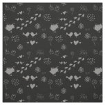 black and gray pattern of birds, dots, footsteps,  fabric