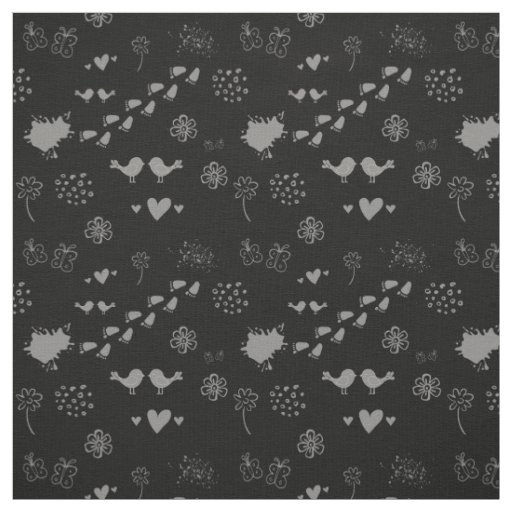 black and gray pattern of birds, dots, footsteps,  fabric