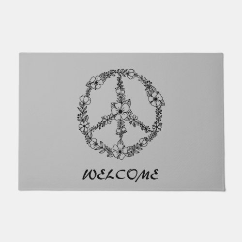 Black and gray peace sign welcome door mat