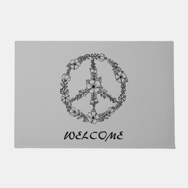 Black and gray peace sign welcome door mat (Front)