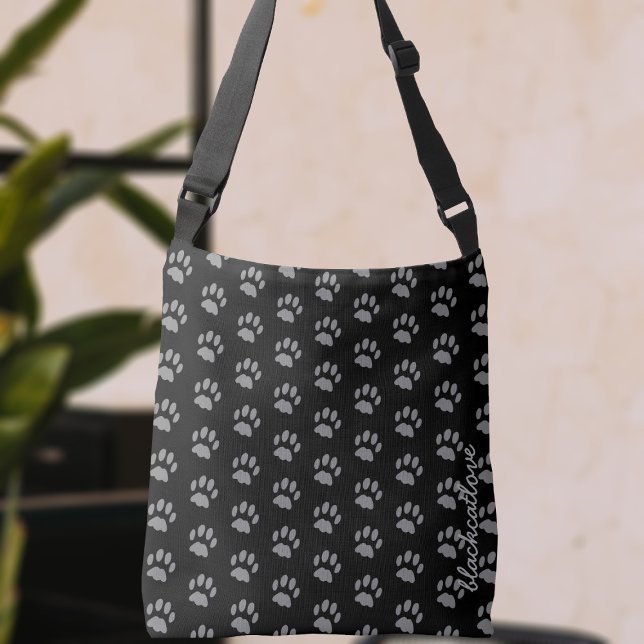  Black and Gray Pet Paw Print Pattern Cat Lover Crossbody Bag (A purrfect paw print crossbody bag with space for your name)