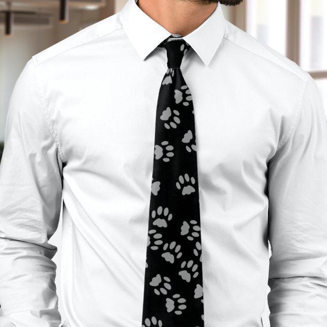 Black and Gray Pet Paw Print Pattern Cat Lover Tie (Creator Uploaded)
