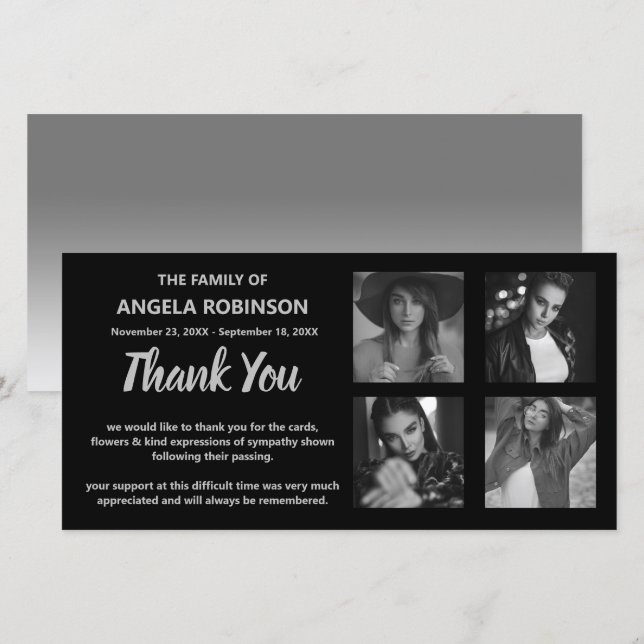 Black And Gray Photo Collage Memorial Thank You Card (Front/Back)