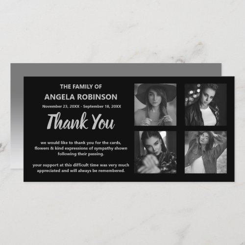 Black And Gray Photo Collage Memorial Thank You Card