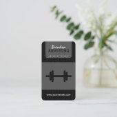 Black and Gray Pinstripe Dumbbell Personal Trainer Business Card (Standing Front)