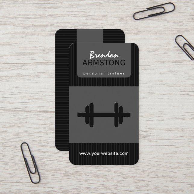 Black and Gray Pinstripe Dumbbell Personal Trainer Business Card (Front/Back In Situ)