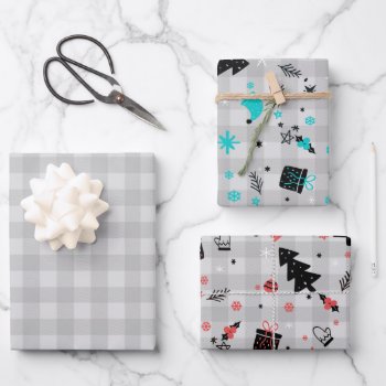 Black And Gray Plaid Christmas Tree Wrapping Paper Sheets by gothicbusiness at Zazzle