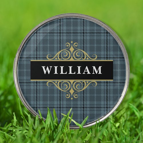 Black and Gray Plaid Elegant Personalized Golf Ball Marker