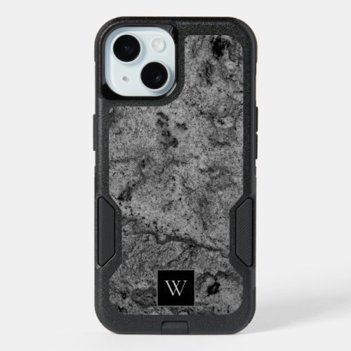 Black and Gray Polished Granite Monogrammed iPhone 15 Case