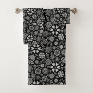 Black And Gray Retro Floral Art Seamless Pattern Bath Towel Set