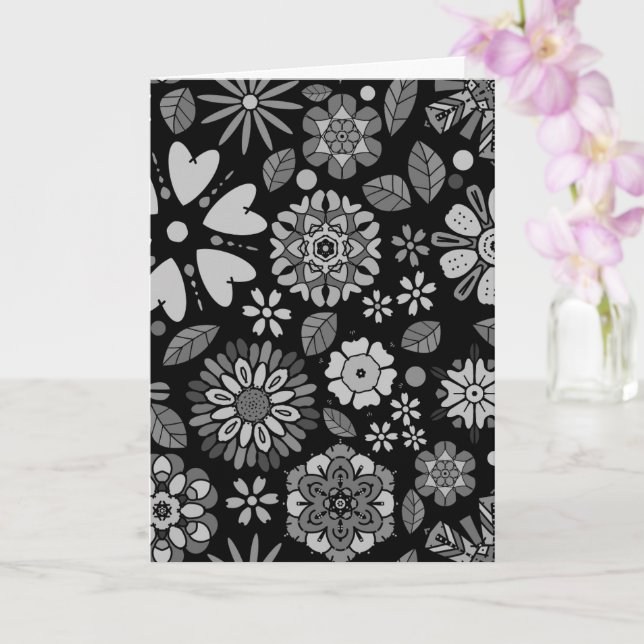 Black And Gray Retro Floral Art Seamless Pattern Card (Orchid)