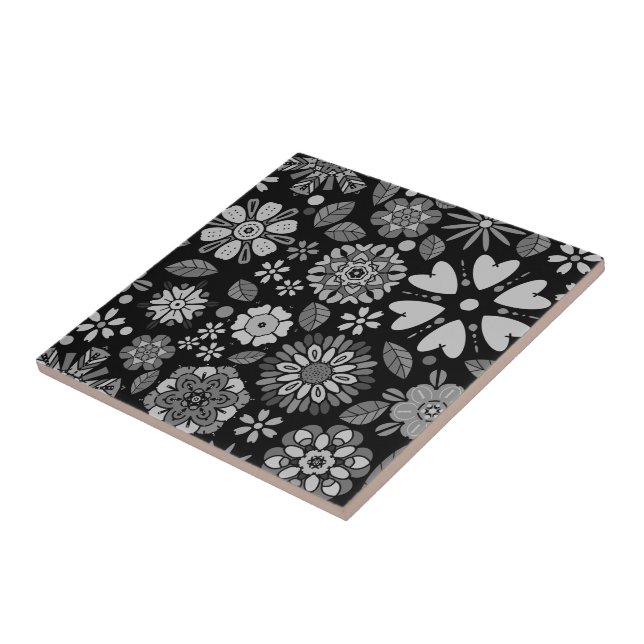 Black And Gray Retro Floral Art Seamless Pattern Ceramic Tile (Side)