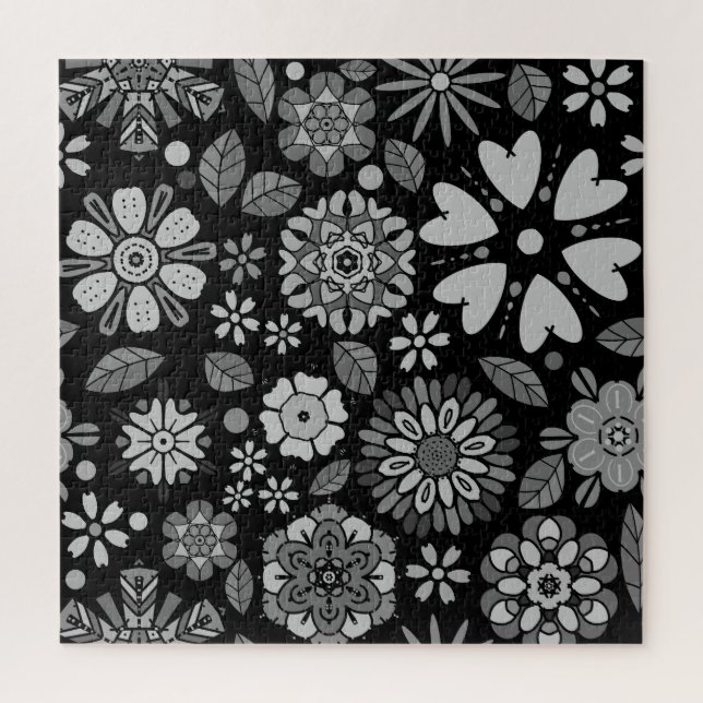 Black And Gray Retro Floral Art Seamless Pattern Jigsaw Puzzle (Vertical)