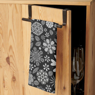 Black And Gray Retro Floral Art Seamless Pattern Kitchen Towel