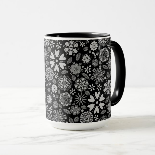 Black And Gray Retro Floral Art Seamless Pattern  Mug (Front Right)