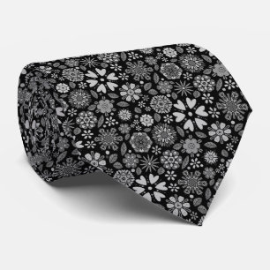 Black And Gray Retro Floral Art Seamless Pattern Neck Tie