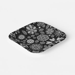 Black And Gray Retro Floral Art Seamless Pattern Paper Plates