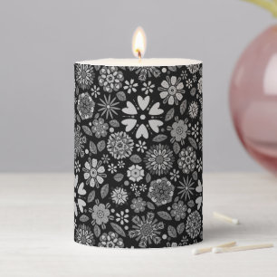 Black And Gray Retro Floral Art Seamless Pattern Pillar Candle