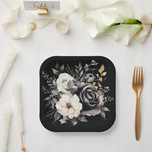 Black and Gray Roses and Gold Leaves Paper Plates (Wedding)