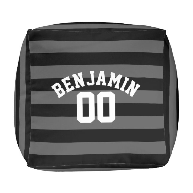 Black and Gray Rugby Stripes Name Number Pouf (Top)